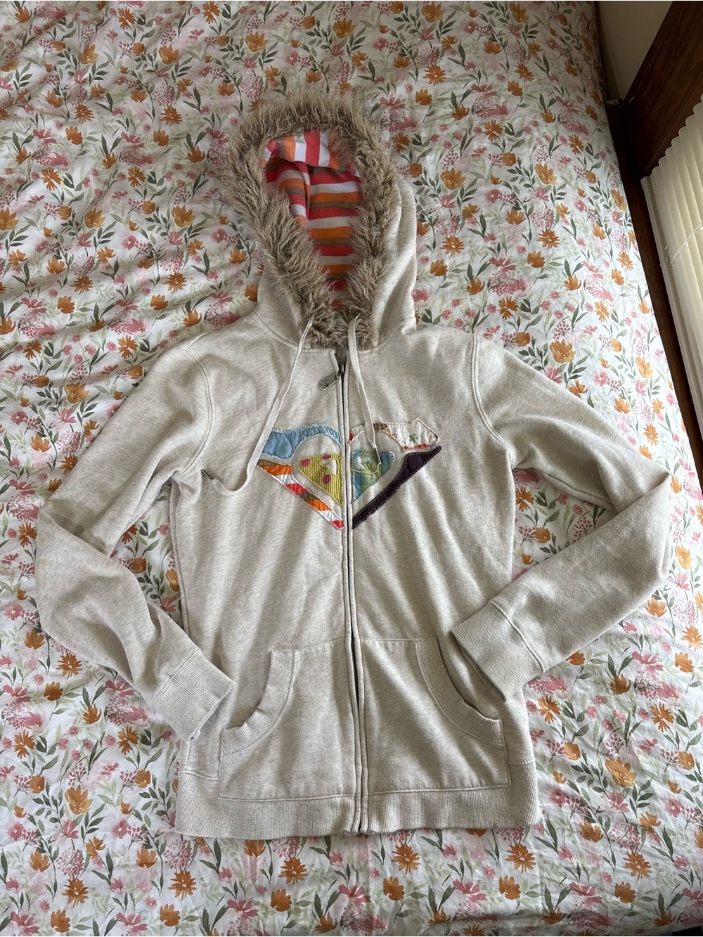 Roxy Y2K Colorful Patchwork Zip Up Jacket Size M Faux Fur Vibrant Surfer Skater - Picture 2 of 9